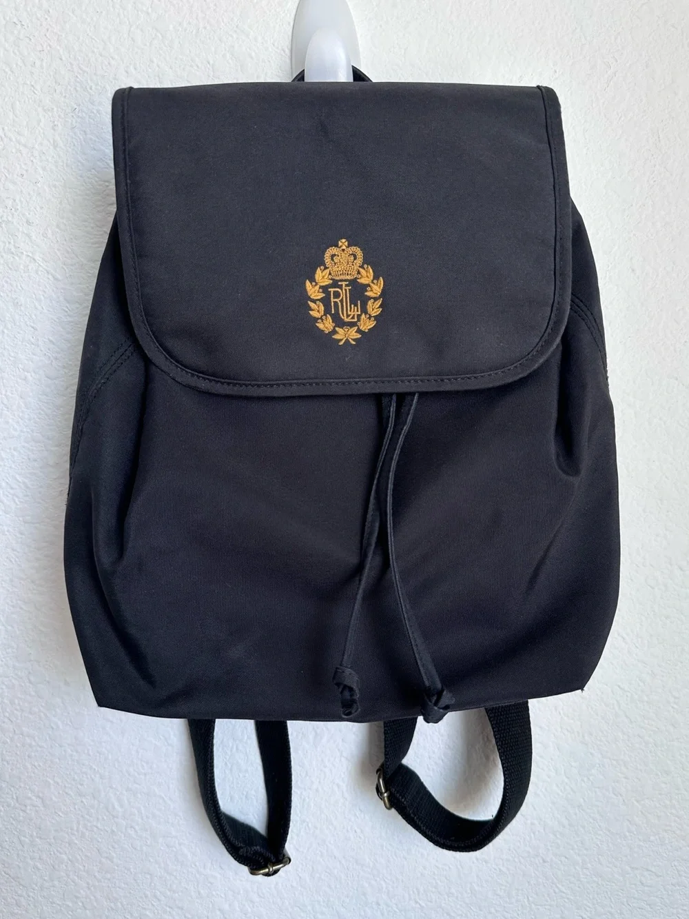 Ralph Lauren Black Vintage Backpack Gold Embroidered Crest Logo